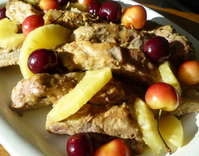 slow-cooked pork rib with pineapple and cherries.